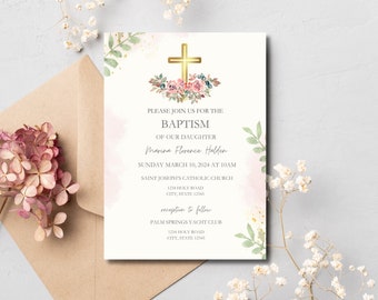 Pink Baptism Invitation, Modern Christening Invite, Baptism Invitation Template, Pink and Green, Baby Pink Invitation, Girl Christening