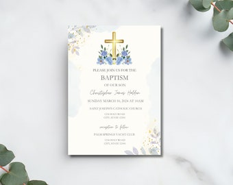 Modern Christening Invitation, Boy Baptism Invite Template, Blue Baptism Invitation, Blue Watercolor Invite, Blue and Gold Design