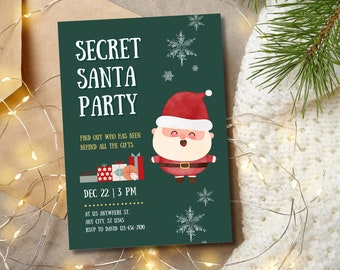 Secret Santa Invitation Template, Gift Exchange Invite, Christmas Party, White Elephant, Santa Invitation, Cartoon Christmas Invitation