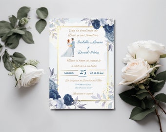 Blue and White Wedding Invitation in Spanish, Azul y Blanco Invitacion de Boda, Gold and Blue Wedding Invitation, Spanish Wedding Invitation