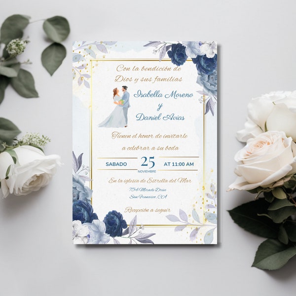 Blue and White Wedding Invitation in Spanish, Azul y Blanco Invitacion de Boda, Gold and Blue Wedding Invitation, Spanish Wedding Invitation