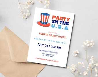 Partij in de VS uitnodiging, 4 juli feest uit te nodigen, Independence Day uitnodiging sjabloon, 4 juli BBQ-feest, zomer feest uit te nodigen