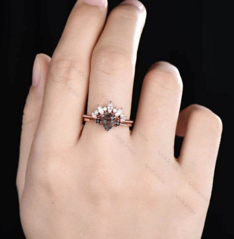 Black Rutilated Quartz Ring-Gemstone Ring-Black Rutilated Quartz Engagement Ring-Quartz Ring For Her-Sterling Silver Ring-Bridal Ring Set