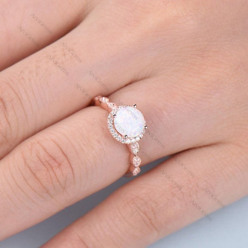 Opal Engagement Ring Halo 14k 18k Rose Gold 925 Sterling Silver CZ Diamond Marquise Milgrain Wedding Band Antique Anniversary Gift Women Set