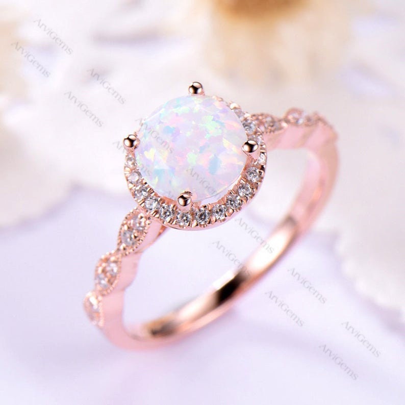 Opal Engagement Ring Halo 14k 18k Rose Gold 925 Sterling Silver CZ Diamond Marquise Milgrain Wedding Band Antique Anniversary Gift Women Set