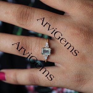 Baguette Natural Moss Agate Ring Unique Moissanite Band Ring | Etsy