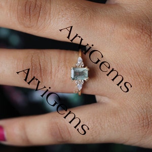 Baguette Natural Moss Agate Ring Unique Moissanite Band Ring | Etsy