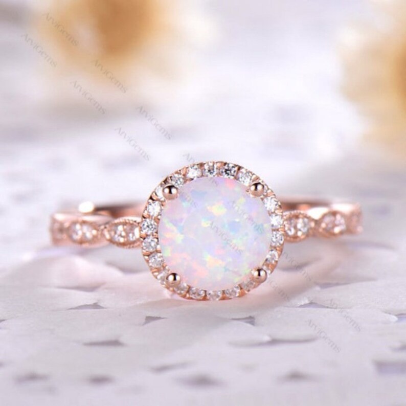 Opal Engagement Ring Halo 14k 18k Rose Gold 925 Sterling Silver CZ Diamond Marquise Milgrain Wedding Band Antique Anniversary Gift Women Set