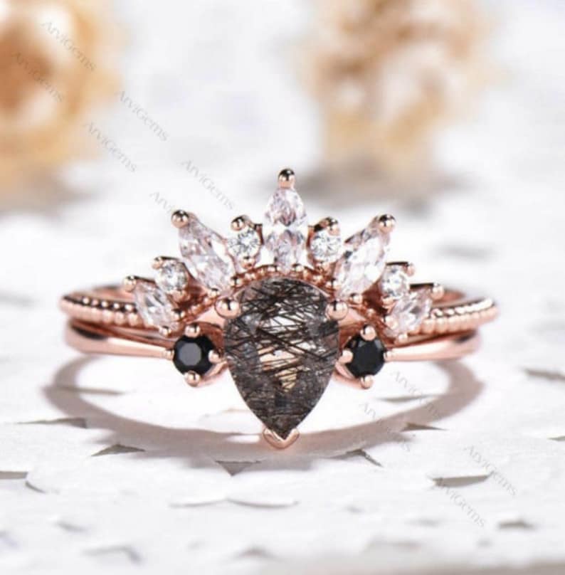 Black Rutilated Quartz Ring-Gemstone Ring-Black Rutilated Quartz Engagement Ring-Quartz Ring For Her-Sterling Silver Ring-Bridal Ring Set