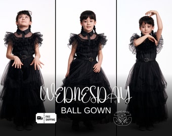 Wednesday costume, halloween wednesday dress, black tulle wednesday dress up, gothic theme party costume,