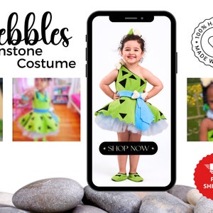 Pebbles Costume for kids: Green Pebbles Birthday Dress for baby girl, Stone age dress, Toddler halloween costume, Flintstone Baby costume