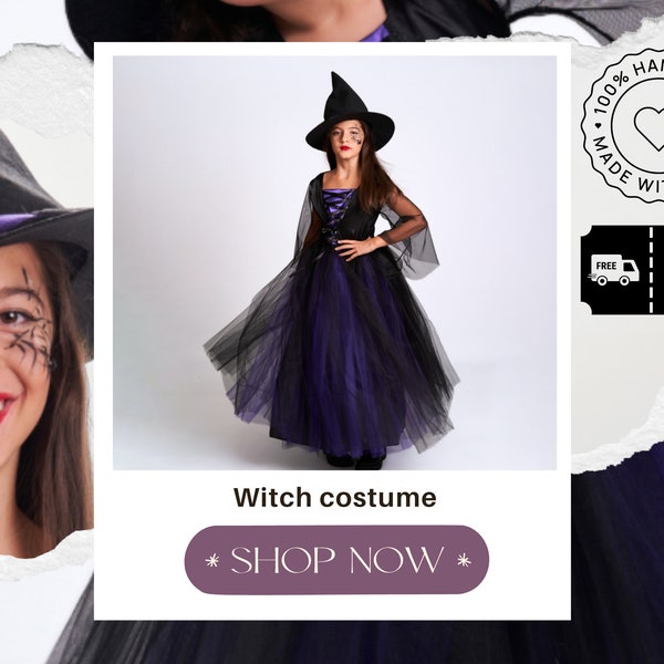 Lindo disfraz de bruja / Halloween para niños / Vestido de tul negro morado