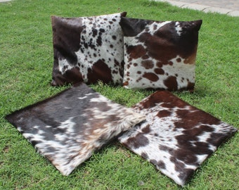 Tricolor Cowhide Pillow Covers Set Of 2 Cowhide Cushion Covers 16 x 16 Cowhide Pillowcases
