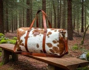 Cowhide Duffle Bag Unisex Overnight Travel Bag Brown and White Cowhide Bag Leather Duffel Bag