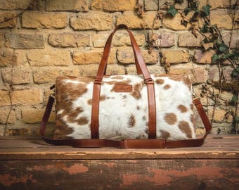 Cowhide Duffle Bag Unisex Overnight Travel Bag Brown and White Cowhide Bag Leather Duffel Bag