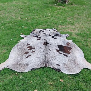 May include: A natural cowhide rug featuring a speckled grey and white pattern with irregular dark brown and black patches distributed across the surface. The hide maintains its organic, asymmetrical shape with distinct edges and a textured hair finish.
