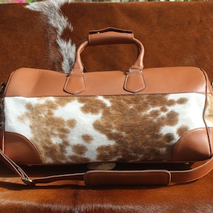 Cowhide Duffle Bag Cowhide Gym Bag Travelling Bag Overnight Bag Weekend Bag Brown and White Cowhide Bag Leather Duffel Bag