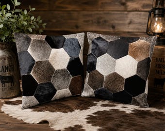 Set of 2 Handmade Cowhide Pillow Covers | Genuine Leather Patchwork Cushion Covers | Rustic Western Home Decor