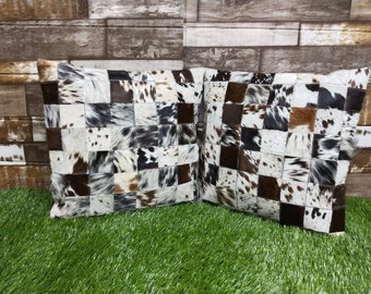 Tricolor Cowhide Pillow Cover Real Cowhide Cushion Cover Set Of 2 Cowhide Pillowcases 16 x 16 Pillowcases