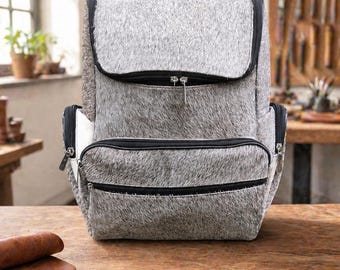 Grey Cowhide Leather Backpack Bag – Genuine Hair-On Cow Skin Travel Bag