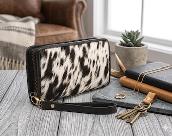 Black and White Cowhide Wallet, Genuine Leather Zipper Clutch, Western Hair on Hide Purse, Handmade Cow Print Long Wallet, Gift for Her