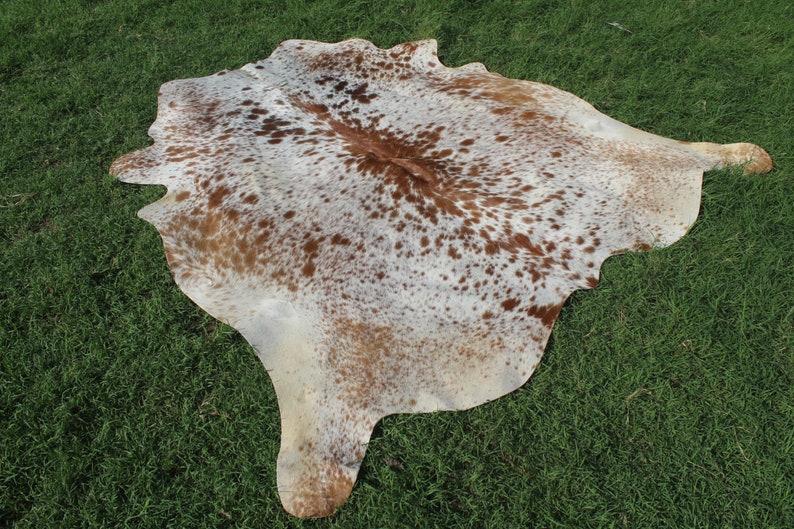 May include: A brown and white cowhide rug with a spotted pattern. The rug is laid out on a green grassy surface.