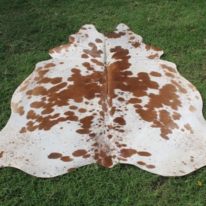 May include: A brown and white cowhide rug with a natural pattern. The hide is soft and supple, with a rich brown color and white spots.