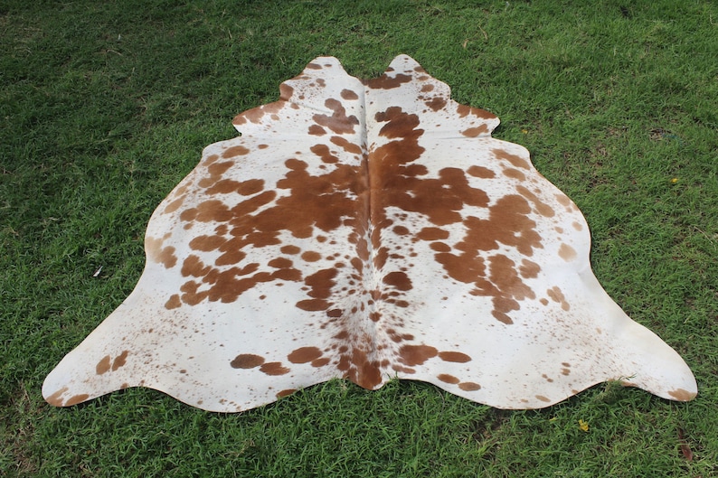 May include: A brown and white cowhide rug with a natural pattern. The hide is soft and supple, with a rich brown color and white spots.