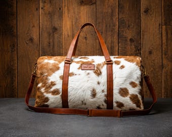 Cowhide Duffle Bag Unisex Overnight Travel Bag Brown and White Cowhide Bag Leather Duffel Bag
