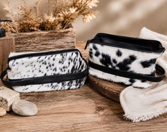 Handmade Cowhide Toiletry Bag, Black and White Hair-On Hide Leather Travel Dopp Kit