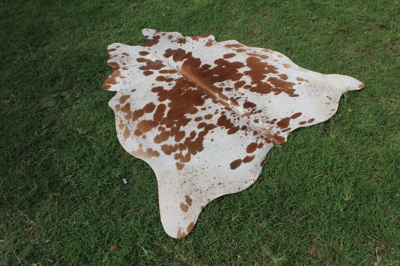 May include: A brown and white cowhide rug with a natural, irregular shape. The hide has a white background with brown spots of varying sizes.