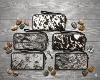 Black and White Cowhide Wallet, Genuine Leather Zipper Clutch, Western Hair on Hide Purse, Handmade Cow Print Long Wallet, Gift for Her