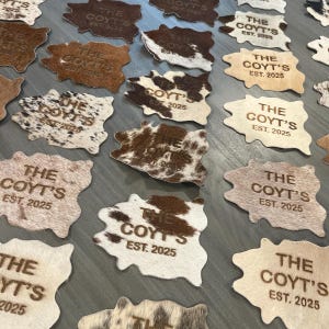 Mini Cowhide Coasters Wedding Favors, Leather Coasters, Wedding Decorations, Personalized Favors For Guests Free Branding image 3