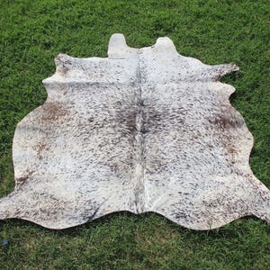 May include: A natural cowhide rug featuring an irregular, organic shape with a speckled pattern of white, grey, and dark brown spots. The hide displays a dense, short-haired texture across its entire surface, showcasing a unique, mottled color variation.