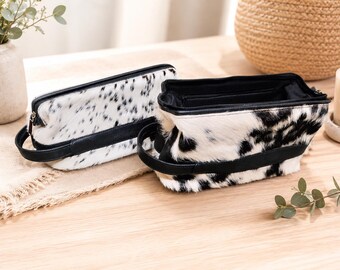 Handmade Cowhide Toiletry Bag, Black and White Hair-On Hide Leather Travel Dopp Kit