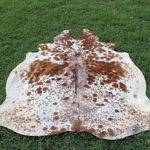 May include: A white cowhide rug with brown spots. The rug is laid out on a green grassy surface.