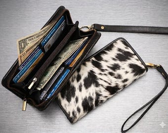 Black and White Cowhide Wallet, Genuine Leather Zipper Clutch, Western Hair on Hide Purse, Handmade Cow Print Long Wallet, Gift for Her