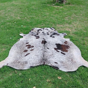 May include: A natural cowhide rug featuring a speckled grey and white pattern with irregular dark brown and black patches distributed across the surface. The hide maintains its organic, asymmetrical shape with distinct edges and a textured hair finish.