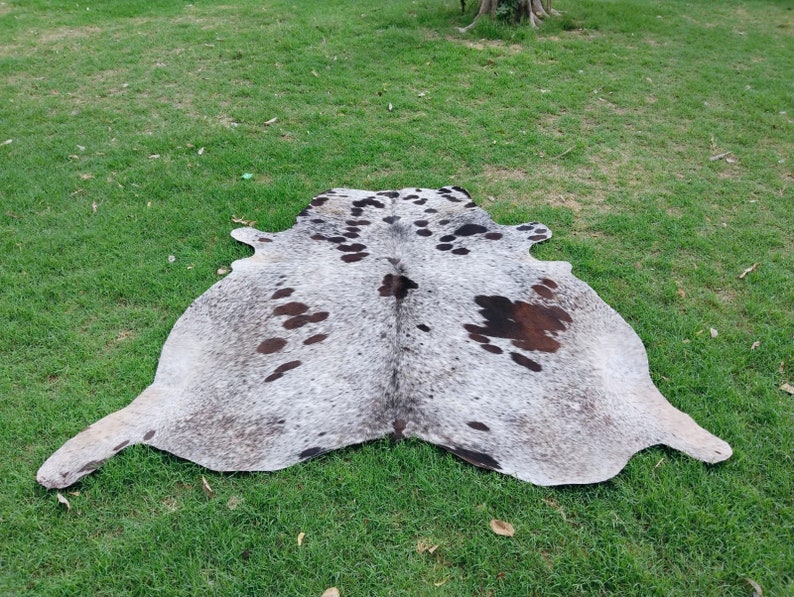 May include: A natural cowhide rug featuring a speckled grey and white pattern with irregular dark brown and black patches distributed across the surface. The hide maintains its organic, asymmetrical shape with distinct edges and a textured hair finish.