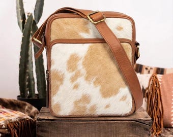Genuine Cowhide Crossbody Bag | Rustic Western Leather Shoulder Bag | Real Cowhide Crossbody Purse