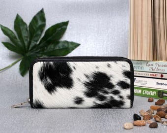 Western Cowhide Wallet Cowhide Wallet For Women Black and White Wallet Western Cowhide Zip Wallet