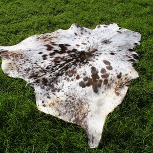 May include: A natural cowhide rug featuring an irregular, organic shape with a white base color and scattered dark brown and black spots. The hide displays a smooth, short-haired texture across its entire surface, showcasing a unique pattern.