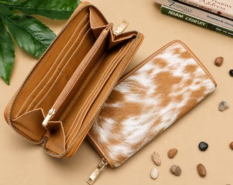 Western Cowhide Zip Wallet for Women – Brown and White Pony Hair Leather Purse
