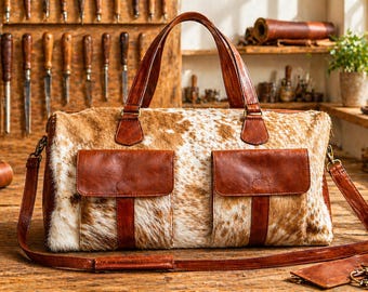 Handmade Cowhide Duffle Bag Cowhide Gym Bag Travelling Bag Overnight Bag Brown and White Cowhide Duffel Bag