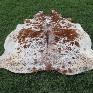 May include: A brown and white cowhide rug with a spotted pattern. The rug is laid out on a green grassy surface.