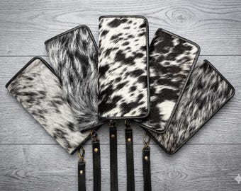 Black and White Cowhide Wallet, Genuine Leather Zipper Clutch, Western Hair on Hide Purse, Handmade Cow Print Long Wallet, Gift for Her