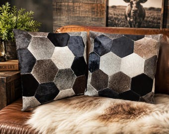 Set of 2 Handmade Cowhide Pillow Cover, Cowhide Patchwork Cushion Cover