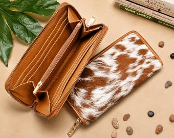 Western Cowhide Zip Wallet for Women – Brown and White Pony Hair Leather Purse