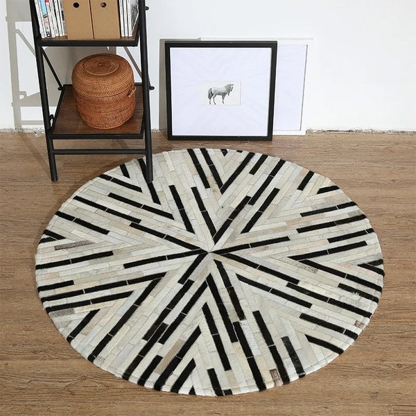 Tapis patchwork de luxe en peau de vache, tapis rond en peau de vache pour décoration de chambre à coucher, tapis patchwork en peau de vache véritable