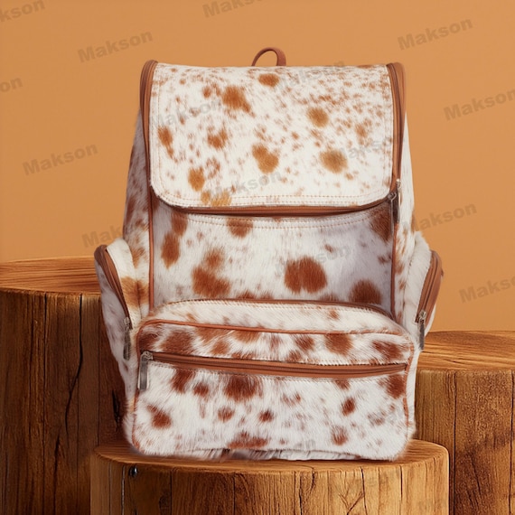 Brown and White Speckled Cowhide Backpack - Leather Trim Natural Brown and White Cow Print Leather Cowhide Backpack  main image 3